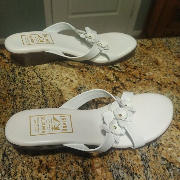 Island Slipper Women's White Leather Flower Slide Wedge Size 11 Sandals - Picture 5 of 11